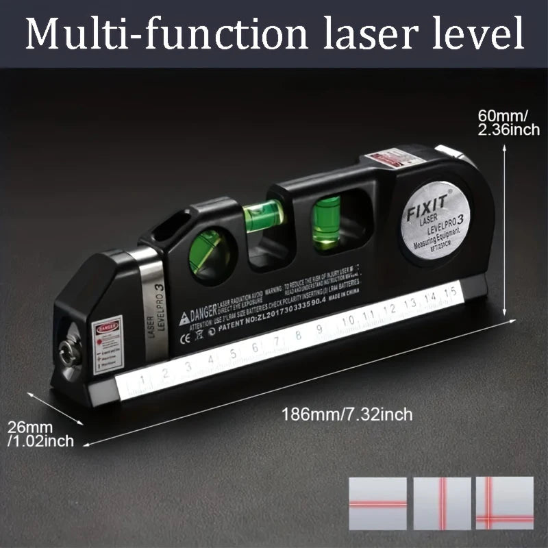 Ferramenta de linha de nível a laser fácil de usar, kit de nível a laser multiuso, linha cruzada padrão, régua de fita métrica de 8 pés